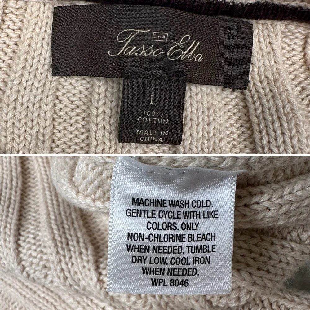 Tasso Elba Men Beige Cable Knit Sweater 100% Cotton Vintage-Inspired Pullover L - Picture 7 of 12